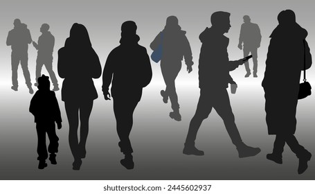 Silhouettes of 9 active people, men and women, walking in different directions, walking, vector.