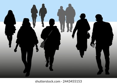 Silhouettes of 9 walking people, men and women walking along the road, vector.