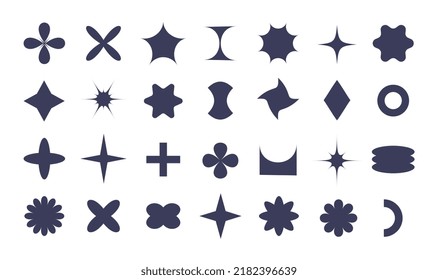 Silhouettes of abstract geometric shapes, forms of black brutalism. Modern trendy minimalist basic shapes, stars, lines and circles. A set of Memphis-style vector elements