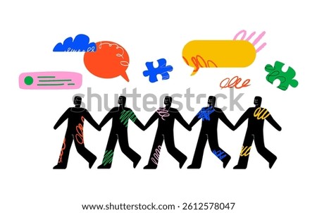 Silhouettes of abstract human figures walking behind each other and holding hands, surrounded by speech bubbles, puzzles and doodles. A symbol of unity, society, communication and interaction.
