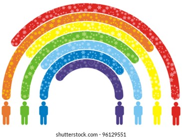 silhouettes of abstract peoples and colorful rainbow