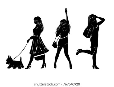 Silhouettes of active beautiful girls with long hair in sunglasses with bags and with a dog isolated. Girl with a gesture of victory sign.