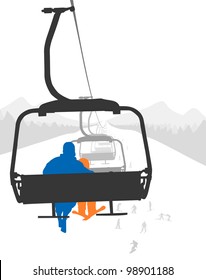 Silhouettes Of Adult And Kid Skier Riding Ski Lift . Vector