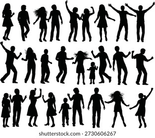 Silhuetas de adultos e crianças dançando ou posando em posições dinâmicas, expressando alegria, movimento, celebração, interação social