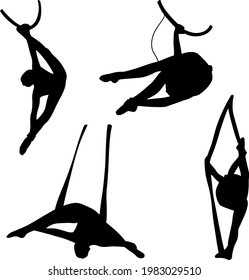 silhouettes of aerial gymnasts, circus, circus art, aerial trapeze, AIR RING, belts.