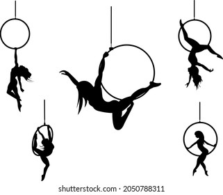 Silhouettes of aerial hoop and aerial silks performers and pole dancer on abstract background. Aerialists. Air gymnastics. Gymnasts.Black and white illustration of a classical dancer. movement person 
