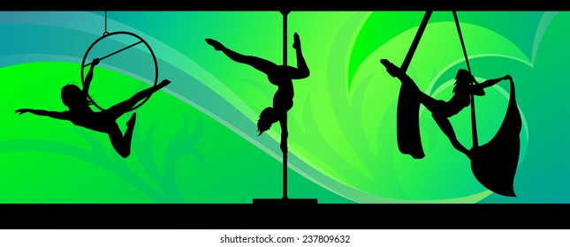 Silhouettes of aerial hoop and aerial silks performers and pole dancer on abstract background. Aerialists. Air gymnastics. Gymnasts.