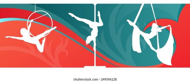 Silhouettes of aerial hoop and aerial silks performers and pole dancer on abstract  background. Aerialists. Air gymnastics. Gymnasts.