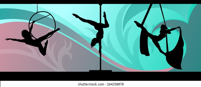 Silhouettes of aerial hoop and aerial silks performers and pole dancer on abstract background. Aerialists. Air gymnastics. Gymnasts.