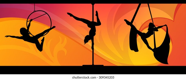 Silhouettes of aerial hoop and aerial silks performers and pole dancer on abstract background. Aerialists. Air gymnastics. Gymnasts.