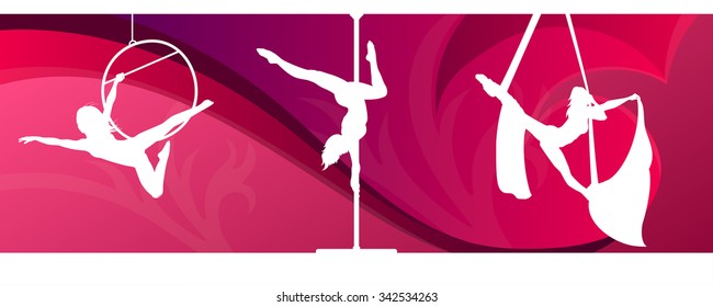 Silhouettes of aerial hoop and aerial silks performers and pole dancer on abstract background. Aerialists. Air gymnastics. Gymnasts.