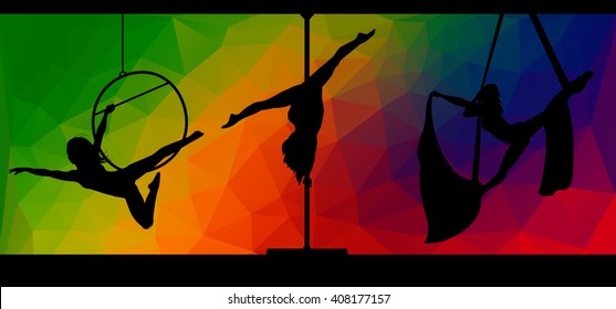 Silhouettes of aerial hoop and aerial silks performers and pole dancer on abstract geometric background. Aerialists. Air gymnastics. Gymnasts.