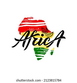 Silhouettes of Africa jamaican colors  with hand calligraphy lettering word. Brush texture stripes effect. As template of logo of company, brand, t shirt print, banner, poster