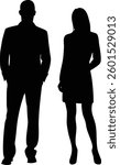 Silhouettes of an African American man in suit with hands in pockets, and a woman in dress, captured in a minimalist style against a clean white background.