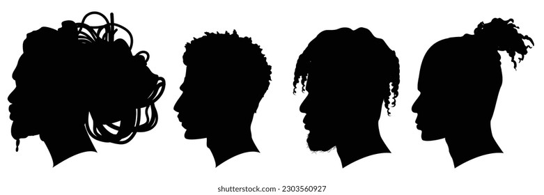 Las siluetas de hombres afroamericanos parte 3, vista lateral con varios peinados, se contornan con fondo blanco. Ilustración del vector