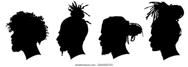 Silhouettes of African American men part 5, side view with various hairstyles, contour on white background. Vector illustration