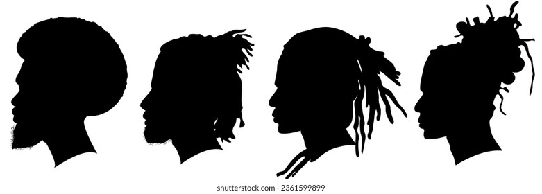 Las siluetas de hombres afroamericanos parte 4, vista lateral con varios peinados, se contornan con fondo blanco. Ilustración del vector