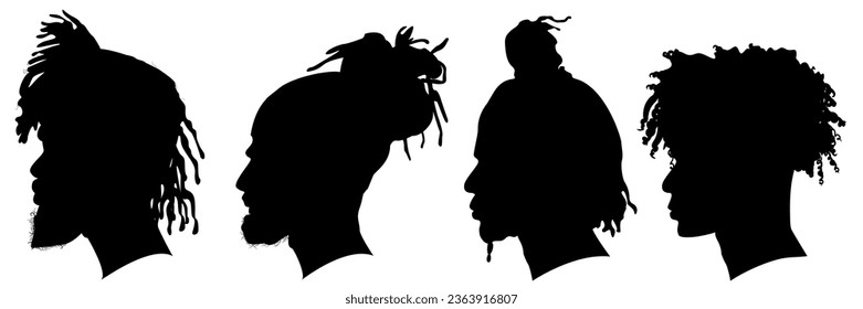 Silhouettes of African American men part 6, side view with various hairstyles, contour on white background. Vector illustration