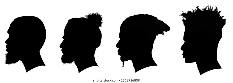 Silhouettes of African American men part 7, side view with various hairstyles, contour on white background. Vector illustration