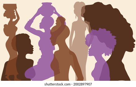Silhouettes of African and African American women composition. Racial equality and anti-racism. Different black women with different hairstyles. Crowd of people. Modern vector illustration
