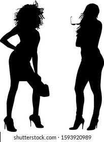 Silhouettes African American Women Full Height.  Girls With Curly Hair. Business Style. Isolated. Vector Illustration