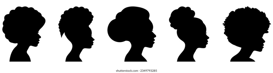 Silhouettes of African American women. Profile with various hairstyles
