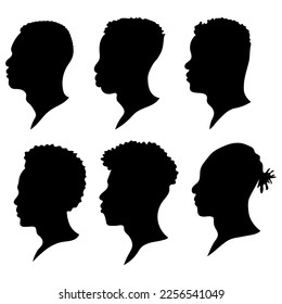 Silhouettes de los afroamericanos. Un conjunto de siluetas de perfil masculino. Contorsión del pelo. Ilustración del vector