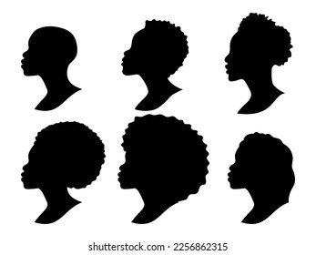 Silhouetten afrikanischer Amerikaner. Eine Reihe von weiblichen Profilsilhouetten. Haarlinie. Vektorgrafik