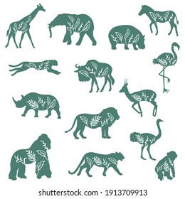 Silhouettes of African animals with decorative plants isolated on white background. Vector.