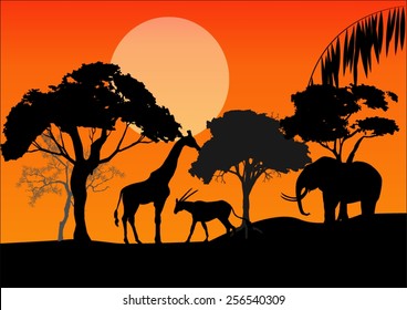 Silhouettes African Animals Evening Stock Vector (Royalty Free) 256540309