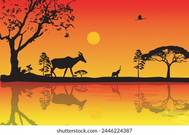 Siluetas de animales africanos en el fondo del paisaje multifacético de la sabana de la tarde. Gráficos de Vector de dibujos animados.