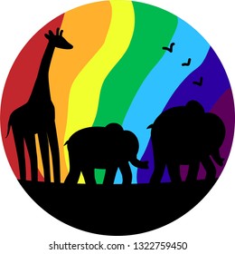 Silhouettes of african animals in a rainbow circle