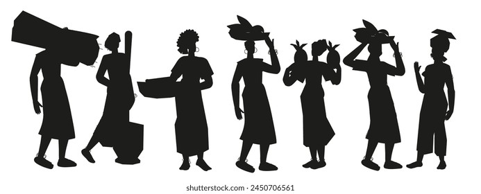 Silhouettes of African female farmers with fruits and vegetables. African peasants with harvest, vector illustration isolated on white background.