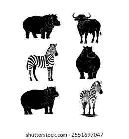 Silhouettes of African wildlife including giraffes, zebras, and rhinos on a white background