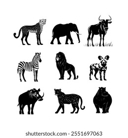 Silhouettes of African wildlife including giraffes, zebras, and rhinos on a white background