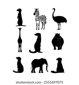 Silhouettes of African wildlife including giraffes, zebras, and rhinos on a white background