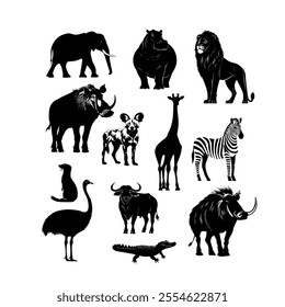 Silhouettes of African wildlife including giraffes, zebras, and rhinos on a white background