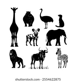 Silhouettes of African wildlife including giraffes, zebras, and rhinos on a white background