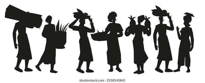 Silhouettes of African women with tropical fruits for Black history month or culture of Africa concept. Black silhouettes of Ethnic African characters, flat vector illustration isolated on white.