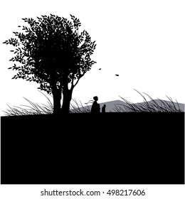 silhouettes against the night sky. man and cat