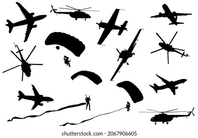 Silhouettes of aircraft, helicopters and parachutists isolated on white background. Set of silhouettes of aviation equipment and parachutists for business and industry. Vector. Illustration.