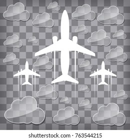 silhouettes of airplanes in the air with transparency clouds on a chequered background