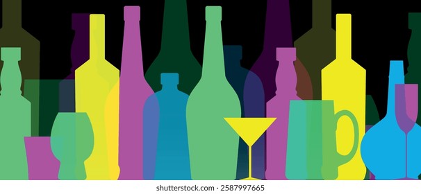 Silhouettes of alcohol bottles, glasses. Vector flat illustration for bar, pub, bright design in neon colors