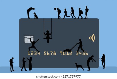 Silhouettes of all types of people are seen on and around a huge credit card in a vector image about credit cards in daily life.