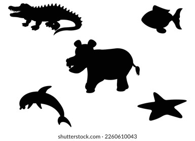 Silhouettes of alligator and sea animals 
on a white background vector illustration