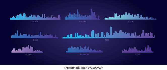 Silhouettes of American cities on a blue background.