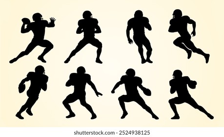 Silhouettes of American football players in various action poses, depicting passing, running, and defensive stances. The figures are shown in dynamic motion, highlighting athleticism and strategy.