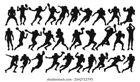 Silhouettes of American football players in various action poses, capturing dynamic movements.