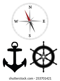 Silhouettes of anchors, rudders and compass