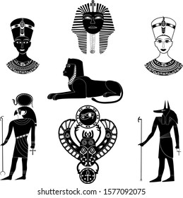 Silhouettes of the ancient Egyptian gods Ra and Anubis are depicted together with the mask of the pharaoh Tutankhamun, images of Nefertiti or Cleopatra, as well as the Sphinx and the scarab beetle.